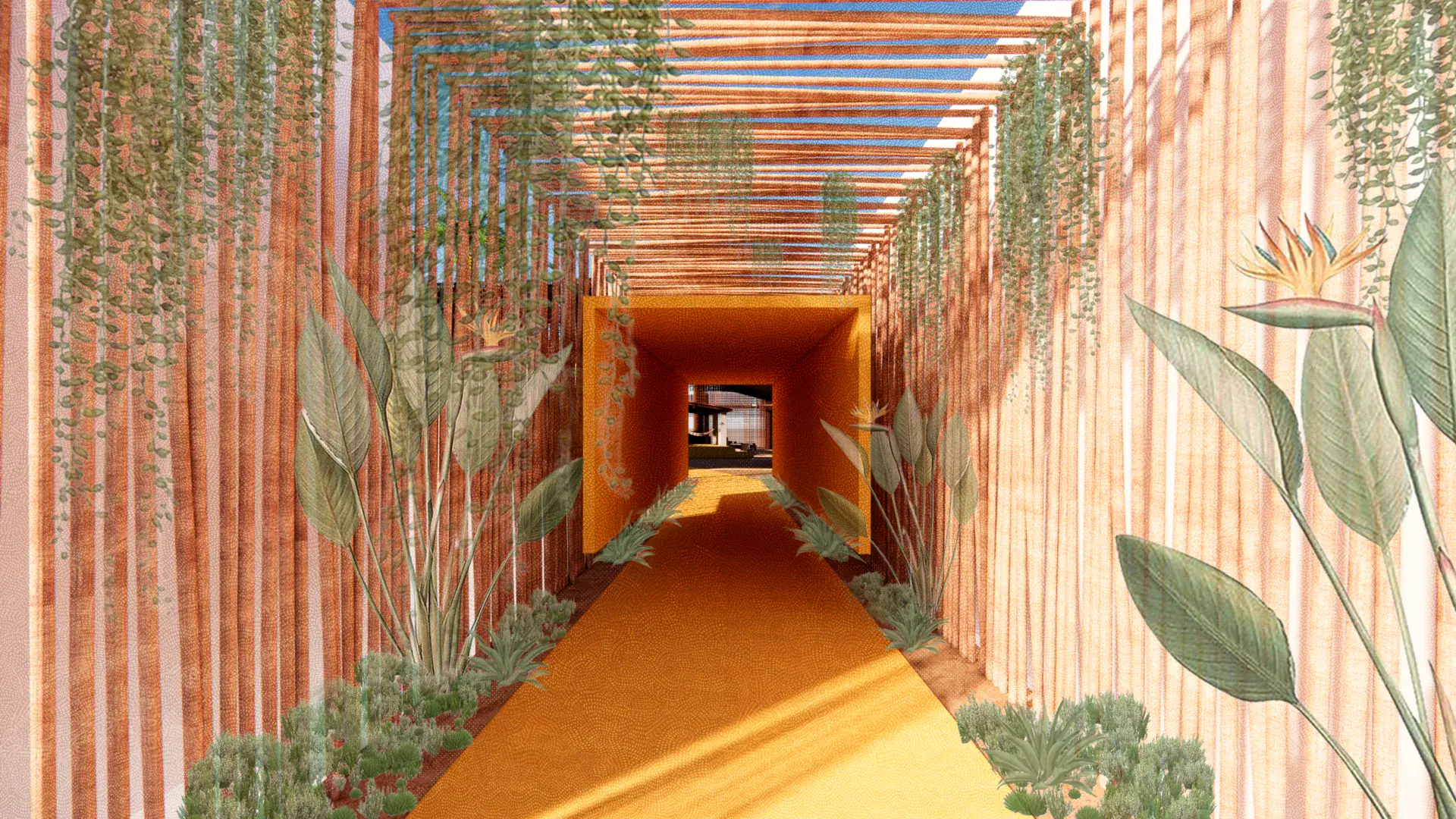 Acesso — portal em tijolo e vegetação nativa